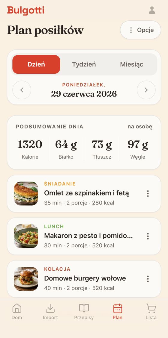 Ekran ułóż tydzień w aplikacji Bulgotti